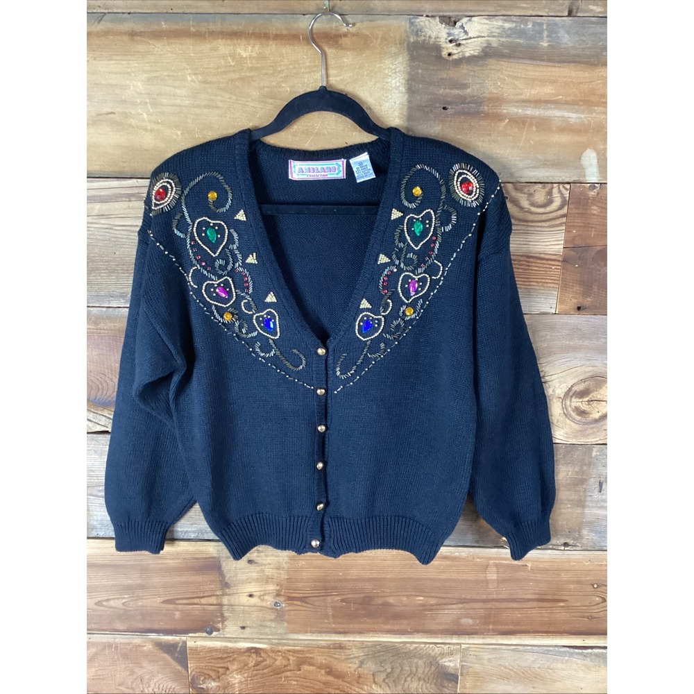 Vtg 1980s Amilano Collection Black V Neck Cardigan Sz M Beaded Jeweled Party